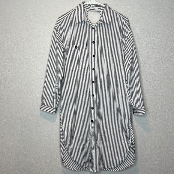 SANDRO WHITE/NAVY STRIPED OPEN BACK SHIRT DRESS Size L - Picture 3 of 11